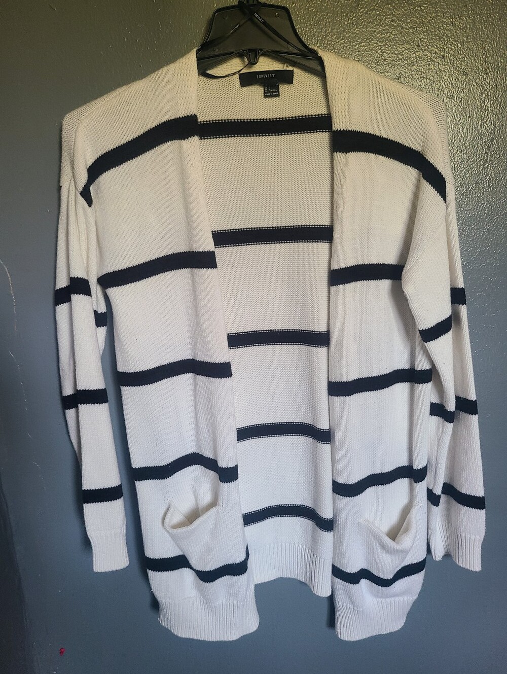 Forever 21 Cream and Navy Striped Open-Front Cardigan